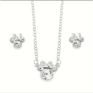 Silver Rhinestone Mickey Minnie Necklace Earrings Matching Set